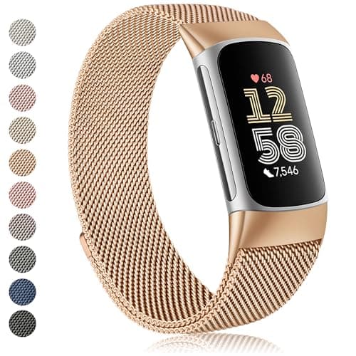 Amzpas bands for Fitbit Charge 6 Bands for Women Men, Stainless Steel Mesh Wristband with Magnet Clasp for Fitbit Charge 6 / Fitbit Charge 5 (Rose gold)