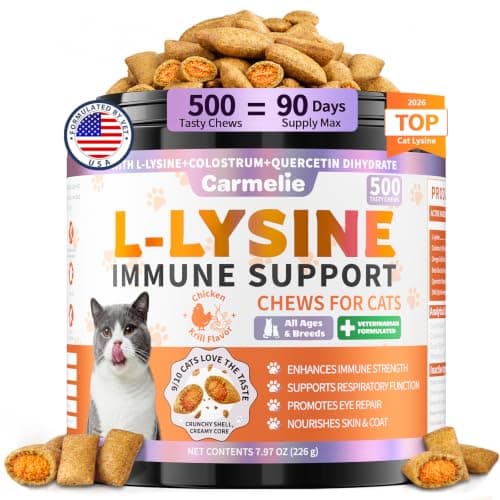 Lysine for Cats, 500ct Cat Immune Support Chews, L-Lysine Supplement for Cats with Colostrum, Omega-3, Soothes Sneezing, Runny Nose & Upper Respiratory Support, Crunchy & Creamy, Chicken Krill Flavor