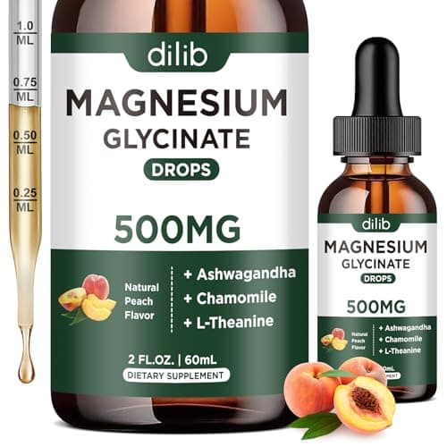dilib Magnesium Glycinate Liquid Drops Supplement, with Magnesium Glycinate 500mg Ashwagandha, L - Theanine, Chamomile -Support Stress Relief, Bone, Muscle, Mood Peach Flavor