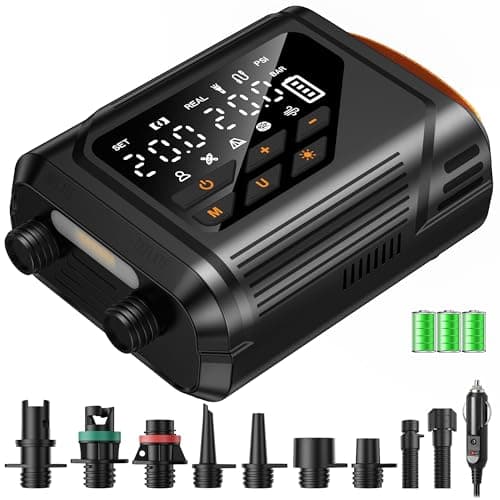 Electric Paddle Board Pump, Rechargeable SUP Pump with 12V Car Power, Auto-Off to 20 PSI, Dual-Stage Portable Air Pump with Deflate, 7 Nozzles for Paddle Boards, Kayaks & Inflatables