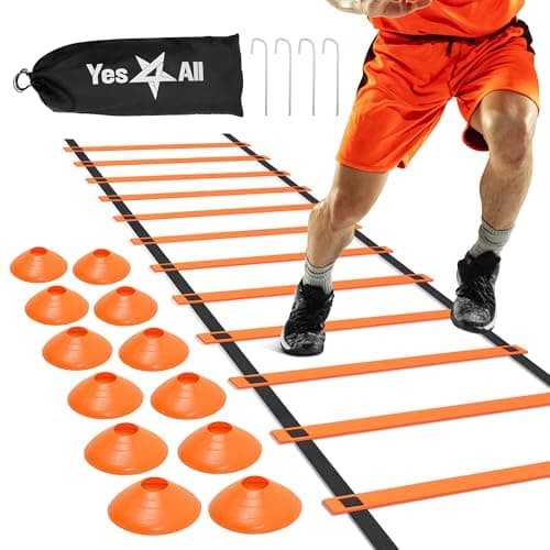 Yes4All Agility Ladder Training Set – 12-Rung Adjustable Speed Ladder, 12 Agility Cones, 4 Steel Stakes & Carry Bag for Footwork, Coordination, Conditioning Drills for Football, Fitness & Athletes