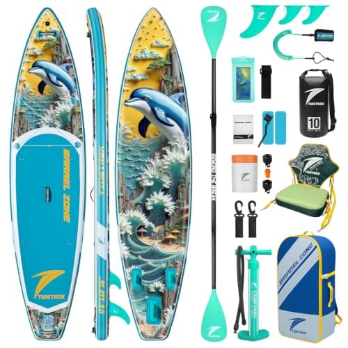 TIDETREK 11'/11'6" x 33"/34" x 6" Inflatable SUP Paddle Board – Extra-Wide, Stable Stand Up Paddle Board with Premium Full Accessory Set for Adults & Youth (Azure Leap/Kayak Seat, 11'6"x33"x6")