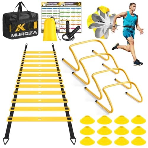 MUROZA Agility Ladder Speed Training Equipment Set-20ft Agility Ladder,12 Soccer Cones,4 Hurdles, Jump Rope, Running Parachute, Basketball Football Soccer Training Equipment for Kids, Youth, Adults