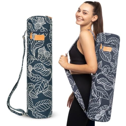 UDANA LARGE Yoga Mat Bag fits mats 1/4" to 2/5" (7-10mm) thick, 27" wide & 6.5" rolled diameter - Heavy Duty Canvas Carrier with Full Zip & 3 Pockets - Navy Blue Leaf