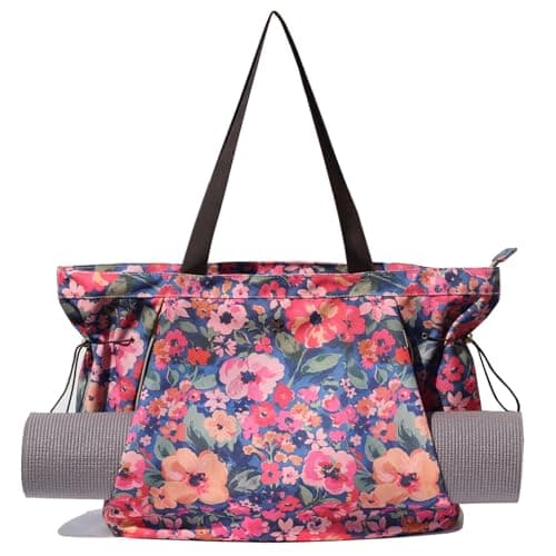ESVAN Yoga Tote Bag for Women Drawstring Canvas Shoulder Bags for Workout Travel Carryall Pilates Gym and Beach (Blue flower)