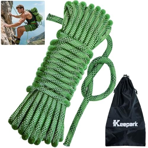 Keepark 10.5mm Static Climbing Rope - 32FT Rock Climbing Rope for Adults & Kids, Outdoor Heavy Duty Rappelling Ropes for Fire Rescue, Escape, Ice Climbing, Parachute, Caving - Army Green