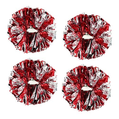 4Pcs Metallic Cheerleading Pom Poms, Creatiee 2 Pair Cheerleader Cheering Squad Pompoms for School Sports Dance Games Team Spirit Cheer (Red-Silver)