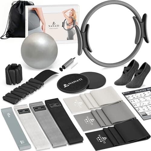 NANATI Pilates Kit with Ankle Weights, Pilates Essentials Kit for Women, Pilates Equipment with 14.5" Pilates Ring and Ball, Resistance Bands, Core Sliders & Grip Socks for Home Workouts (Grey Pro)