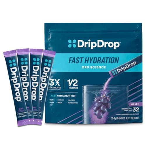 DripDrop Hydration Packets - Grape - Single Serve Electrolytes Powder Drink Mix - Non-GMO, Gluten Free, Vegan - 32 Sticks