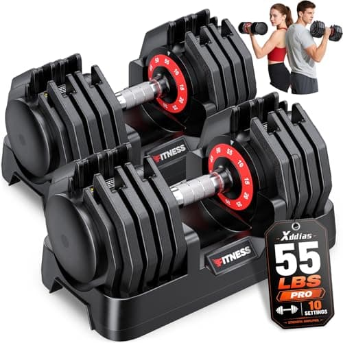 XDDIAS Adjustable Dumbbell Set of 2, 25/55/80LB Dumbbell Set-Fast Adjust Weights Set, 5/10/16 in 1 Free Weights Dumbbells Set with Anti-Slip Metal Handle, Compact Size for Men/Women Home Gym Equipment (55LB-Pair-10-Gears)