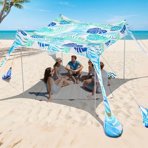 2PM SPORTS Beach Tent Sun Shelter 10x10 FT - UPF 50+ UV Protection, 8 Sandbags, Easy Setup, Portable Beach Shade Canopy for Family Picnic Camping Travel