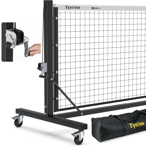 TYRSEN Pro 22ft Pickleball Net with Hand Crank Tension System, Anti-Sag, Tournament Size, Heavy-Duty Frame for Indoor/Outdoor Courts, Lockable Wheels, Easy Setup, Includes Carry Bag (White & Black)