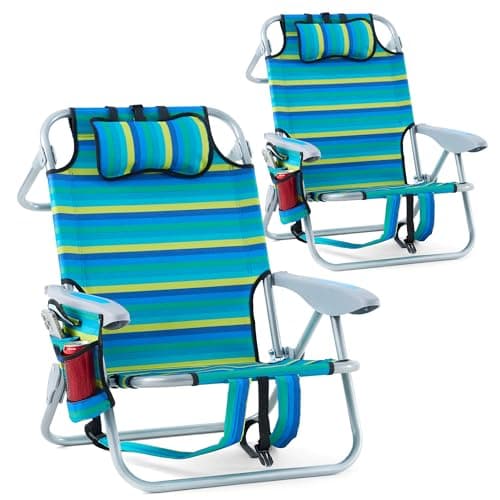 Canpsky 2 Pack Lightweight Portable Recliners Chair for Adults, Outdoor Lay Flat Folding Beach Chairs with 5 Positions, Backpack Beach Chair with Towel Bar, Zipper Pouch, Cup Holder, NEW Striped