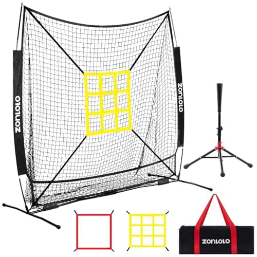 ZONLOLO 6x6ft Baseball & Softball Net for Hitting,Pitching and Batting, Throwing,Baseball net with Sturdy Bow Frame,Battting Tee,Strike Zone, Middle Size,Suitable for Kids! (Black)