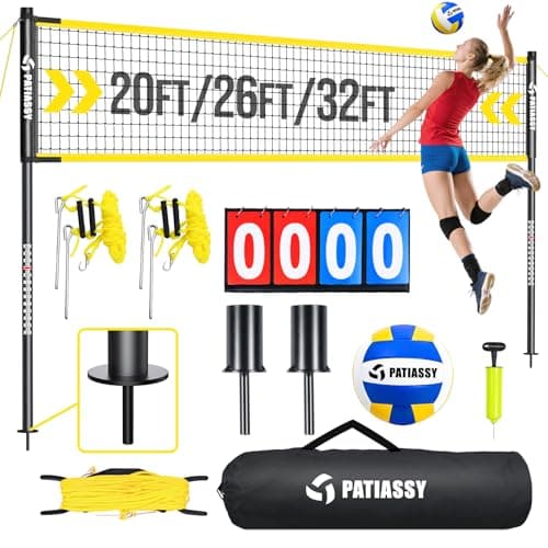 Portable Volleyball Net Set for Backyard & Beach, Adjustable Width (32/26/20FT) & Height, Anti-Sag Tension Design, Metal Stakes for Outdoor Stability, PU Volleyball with Pump, Scoreboard and Carry Bag