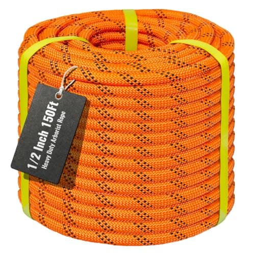 Keepark 1/2Inch Arborist Rope 150Ft - 9000lbs Heavy Duty Nylon Rope Rappelling Rope, Double Braided Arborist Bull Rope for Tree Work, Hiking, Rigging, Pulling, Swing, Caving, Sailing - Orange