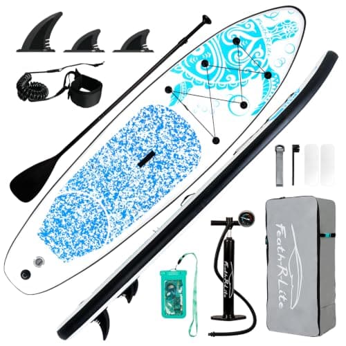 FEATH-R-LITE Inflatable Stand Up Paddle Board 10'6''x33''x6'' Ultra-Light (18.9lbs) SUP with Paddleboard Accessories,Fins,Adjustable Paddle, Pump,Backpack, Leash, Waterproof Phone Bag