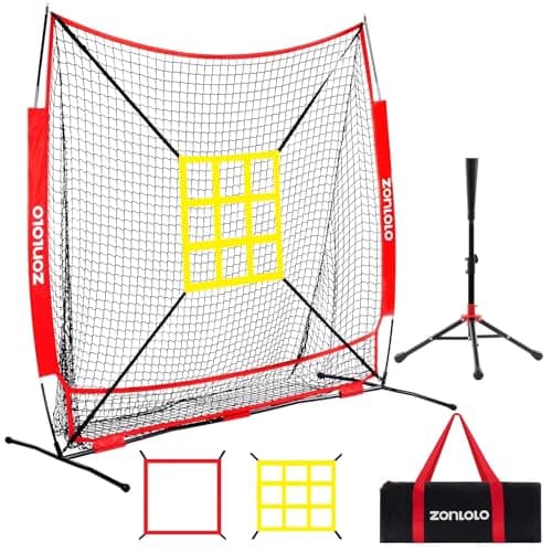 ZONLOLO 6x6ft Baseball & Softball Net for Hitting,Pitching and Batting, Throwing,Baseball net with Sturdy Bow Frame,Battting Tee,Strike Zone, Middle Size,Suitable for Kids! (Red)