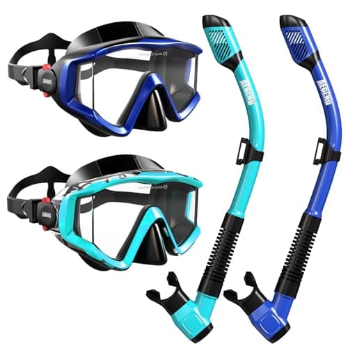 Aegend Snorkel Diving Mask for Adult Men Women – Diving Goggles Anti-Fog Tempered Glass Lens | for Adult Snorkeling, Swimming & Diving Gear (Light Blue & Dark Blue-2 Pack)