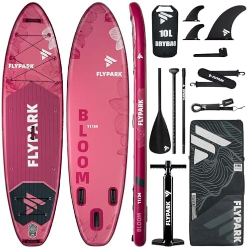 Flypark 11'x34 Inflatable Paddle Boards, Extra Wide SUP for 420lbs/3Adults, Yoga Stand Up Paddle Board, 110L Backpack, 15 D-Rings, Shoulder Strap, US-Fin, 2-Action Pump, Bloom Pink