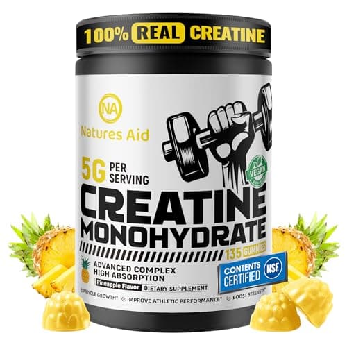 Natures Aid NSF Certified Creatine Gummy 5g - Creatine Monohydrate Gummies – Pre-Workout Energy & Muscle Growth Support for Men & Women | Pineapple Electrolyte Gummies (135 Count)