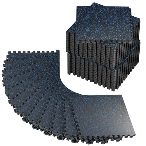 PRAISUN 0.56" Rubber Top Gym Flooring, Heavy Duty Interlocking Gym Mats for Home Gym, Non-Slip Workout Mat, 24 x 24in Large Gym Floor Mat, Protect Floors from Equipment, 144 Sq Ft, Black/Blue