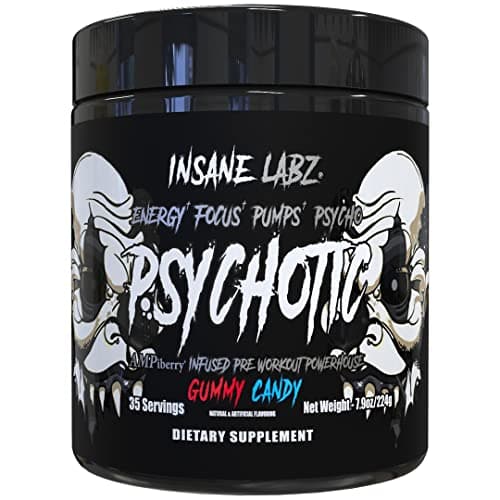Insane Labz Psychotic Black Edition Mid Stimulant Pre Workout Powder, Energy Focus Pumps, Loaded with Creatine Beta Alanine Taurine Fueled by AMPiberry, 35 Servings (Gummy Candy)
