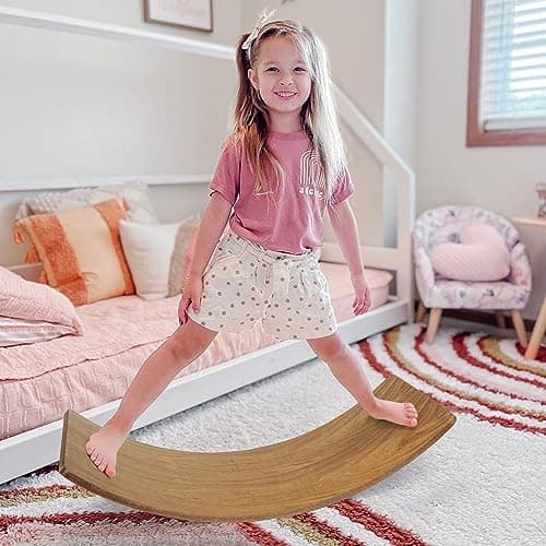 Gentle Monster Wood Wobble Exercise Balance Board Kids, Wooden Toys Wobble Board for Boys Girls Adult, Rocker Board Natural Wood, Yoga Curvy Board for Classroom & Office Adult Brown