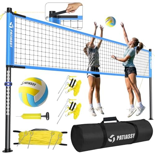 Patiassy Outdoor Volleyball Net System Portable and Easy Setup Adjustable Height Poles with Volleyball, Pump, Hammer, Boundary Line, and Carry Bag for Backyard, Beach, Lawn(Blue)