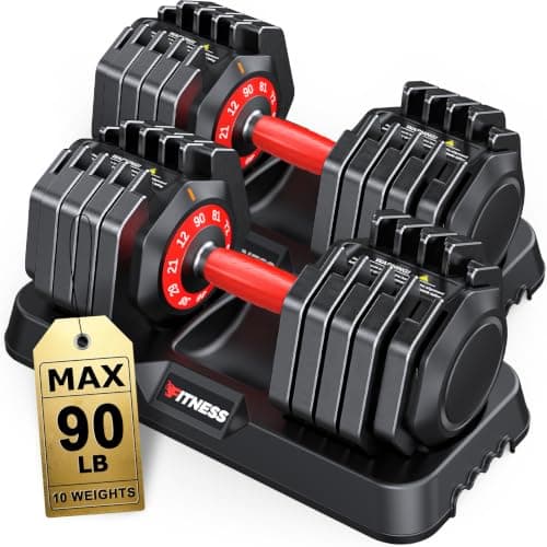 Rendpas Adjustable Dumbbells Set of 2, 5-in-1/10-in-1/16-in-1 Quick-Lock Hand Weights 25/55/80/90 lbs Pair, Anti-Slip Handle Free Weights Set for Home Gym Strength Training for Men Women (Max-90LBS Pair-10 Weights)