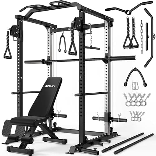 GOIMU DP01 Power Cage, 2000LBS Squat Rack with Cable Crossover and Dual Independent Pulley System, Full Cage for Full Body Training, Power Rack with More Training Attachments for Home Gym(Bk, Package)