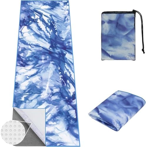 jooeer Yoga Towel Hot Yoga Mat Towel with Corner Pockets, 74 x 26 inch, Non-Slip Sweat-Absorbent Soft Microfiber Yoga Blanket for Pilates, Fitness and Workout, Blue