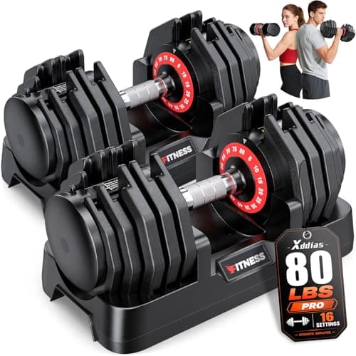 XDDIAS Adjustable Dumbbell Set of 2, 25/55/80LB Dumbbell Set-Fast Adjust Weights Set, 5/10/16 in 1 Free Weights Dumbbells Set with Anti-Slip Metal Handle, Compact Size for Men/Women Home Gym Equipment (80LB-Pair-16 Gears)