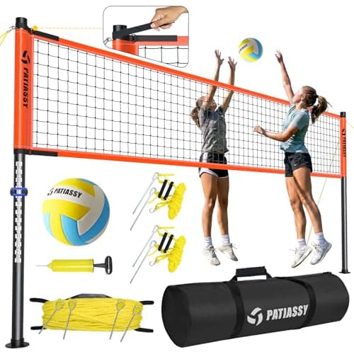 Patiassy Outdoor Portable Volleyball Net Set System for Backyard - Quick & Easy Setup Adjustable Height Steel Poles, PU Volleyball, Pump and Carrying Bag (Orange)