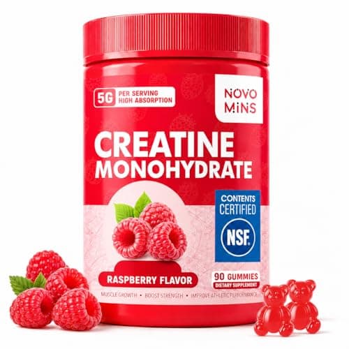 novomins Creatine Monohydrate Gummies 5000mg for Men & Women, Chewables Creatine Monohydrate for Muscle Strength, Muscle Builder, Energy Boost, Pre-Workout Supplement(90 Count)-Raspberry Flavor.