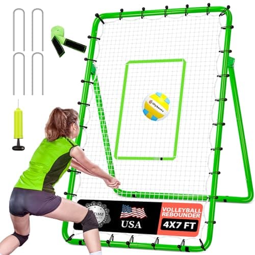 Adjustable Volleyball Rebounder Net 7x4 ft with PU Volleyball and Stakes - Bounce Back Training Equipment for Practicing Volleying, Bumping, Spiking, Easy Set Up & Steady for Multi Sports (Green)