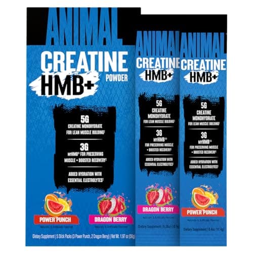 Animal Creatine HMB Powder – 3g myHMB + 5g Creatine with Electrolytes for Recovery & Daily Energy – Power Punch (3) and Dragon Berry (2) Single-Serve Stick Packs, 5 Servings