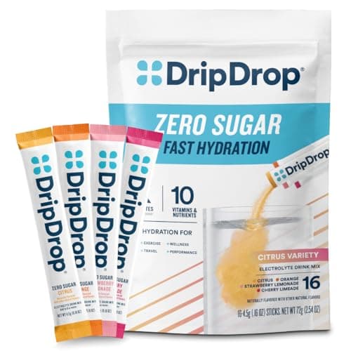 DripDrop Sugar Free Hydration Packets - Zero Citrus Variety Pack - Single Serve Electrolytes Powder Drink Mix - Cherry Limeade, Citrus, Orange, Strawberry Lemonade - Non-GMO, Gluten Free - 16 Sticks
