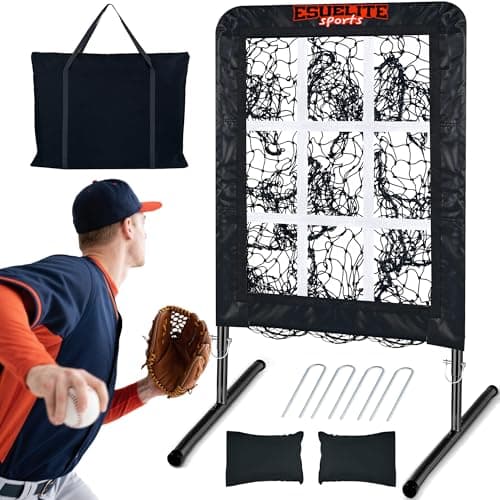 9 Hole Pitching Net with Strike Zone, Baseball Pitching Target, Softball Pitching Net, Portable Pitcher Training Equipment Height Adjustable(Black)