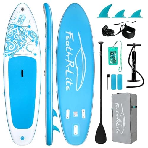 FEATH-R-LITE Inflatable Paddle Board Stand Up Paddleboards for Adults SUP with Premium Accessories Pump, Adjustable Paddle, Leash, Three Fins, Backpack (Light Blue)