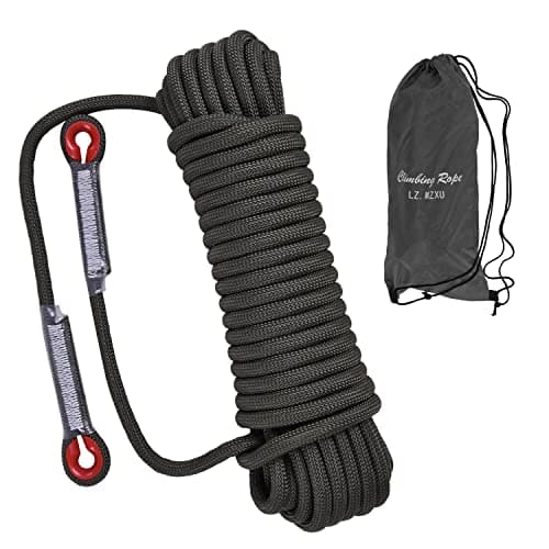 LZ.MZXU Climbing Rope, 12mm Static Climbing Ropes, 32FT(10M) 65FT(20M) 100FT(30M) 164FT(50M) Outdoor Rock Climbing Rope with Hook, Safety Rappelling Ropes, Fire Rescue Parachute(Black, 65FT)