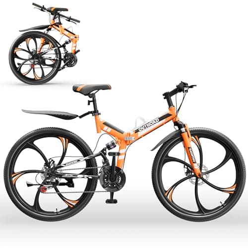 Outroad 26 Inch Folding Mountain Bike, 21 Speed Full Suspension High-Carbon Steel MTB Foldable Bicycle, Dual Disc Brake Non-Slip Folding Bikes for Adults/Men/Women, Orange