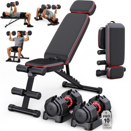 Adjustable Dumbbells Set of 2, 1 Hand Adjustable Weights Dumbbell Set and Workout Bench, 25/55/80lb Pair Weight Set For Home Gym Suit both Men and Women, Compact for Small Space Apartment Room (Pro-55lbsDumbbells+Bench)