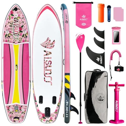 AISUNSS Inflatable Paddle Board for Adult, Paddle Board for All Skill Levels, Wide SUP Board with Primium Accessories Include SUP Carry Bag, Hand Pump& 10L Waterproof Bag (Nature Flower)