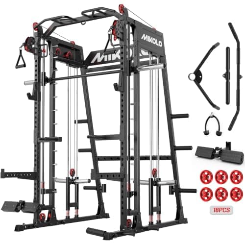 Mikolo Smith Machine, 2200lbs Squat Rack with LAT-Pull Down System & Cable Crossover Machine, Multi-Function Power Cage, Black