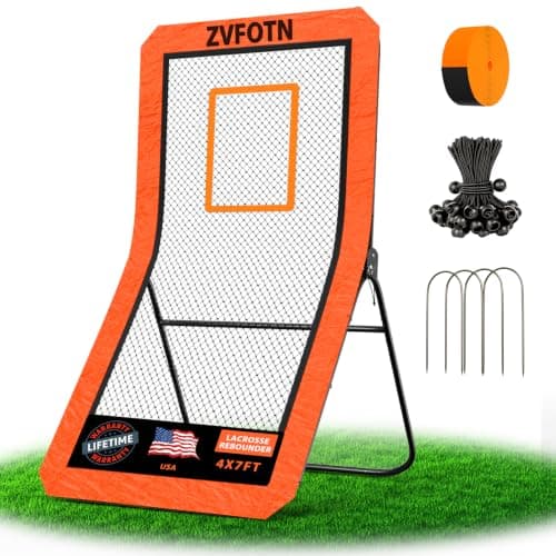 Lacrosse Rebounder net for Backyard, 4x7FT Adjustable Pitchback & Bounce Back Net with Target Strip,Durable Multi-Sport Practice Tool for Soccer Baseball Volleyball Training Equipment,Orange