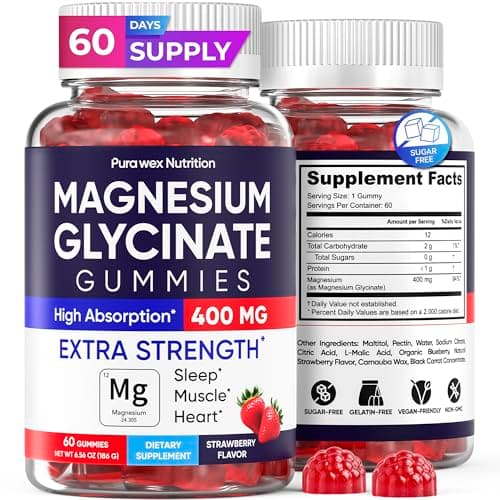 Magnesium Glycinate Gummies 400mg Extra Strength, Strawberry Flavor (60 Count) - Sugar-Free Supplement for Adults, Kids, Women & Men, Muscle & Relaxation, High Absorption Vegan Chewable