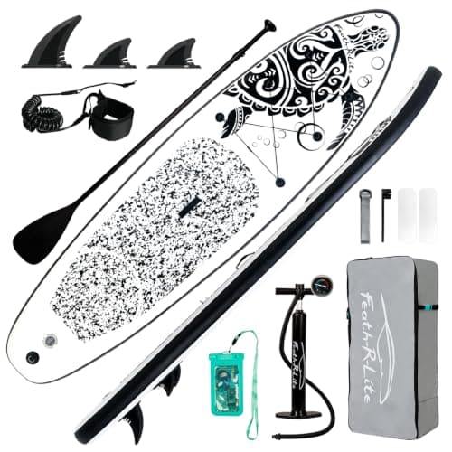 FEATH-R-LITE Inflatable Stand Up Paddle Board 10'6''x33''x6'' Ultra-Light (18.9lbs) SUP with Paddleboard Accessories,Fins,Adjustable Paddle, Pump,Backpack, Leash, Waterproof Phone Bag