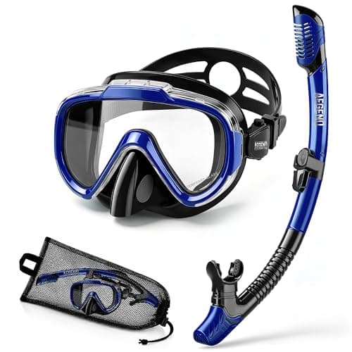Aegend Snorkeling Gear Set for Adult Youth - Snorkel Diving Mask with Top Dry Value with Mesh Bag for Snorkeling, Scuba Diving, Freediving and Swimming (Dark Blue)