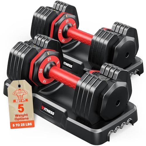 Rendpas Adjustable Dumbbells Set of 2, 5 in 1 Free Select Weight Dumbbell Set with Anti-Slip Texture Handle, Weight Set for Home & Gym, Suit Both Men and Women, Red, 25 Lb, 2 Pcs